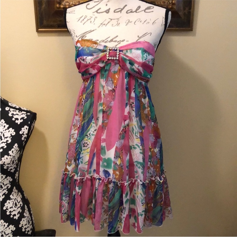 💓Peppe Peluso Tropical colorful bandeau strapless + sash lined chiffon dress